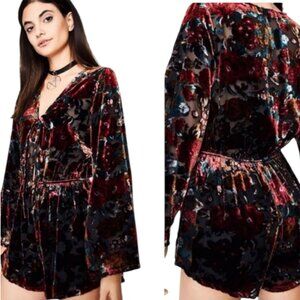 Audrey 3+1 Velvet Burnout Jewel Tone Long Bell Sleeve Romper Womens Large
